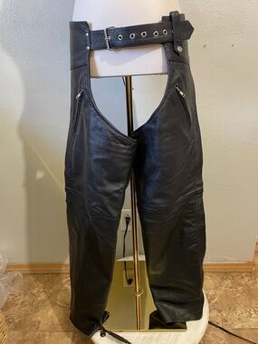 Allstate Leather Chaps S Black Motorcycle Zip Out Liner Lace Up Belt Riding Gear
